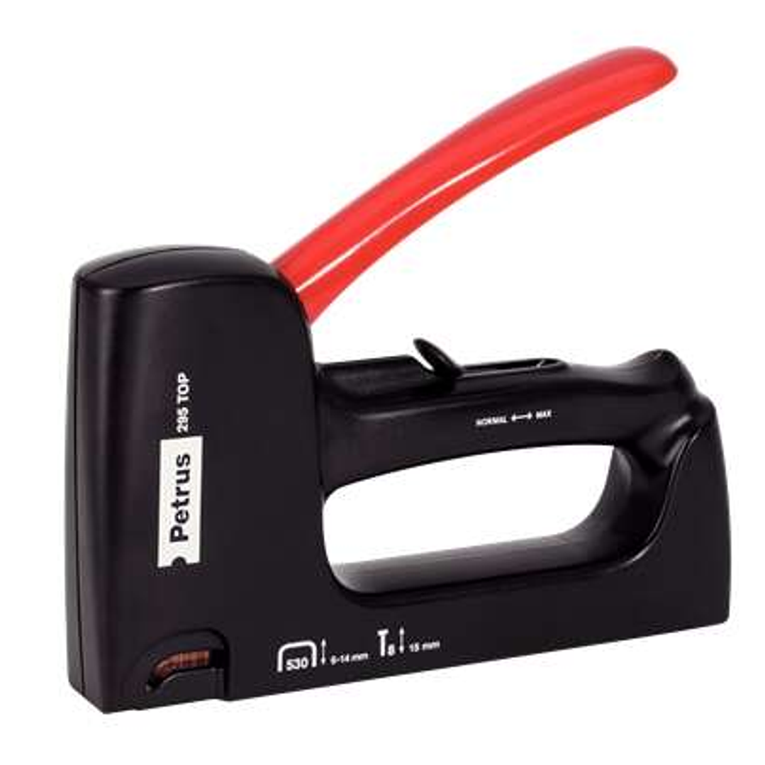 Petrus 295 Top Clavadora/Grapadora - Para Grapas 530/6 a 14mm y Pins Tipo 8 de 15mm - Ajuste de Potencia - Color Negro/Rojo 1