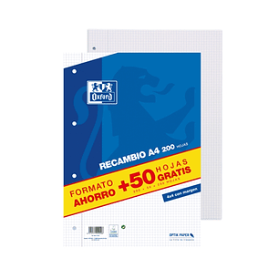 Oxford School Classic A4 Recambio - Paquete 4x4 con Margen - 200 Hojas + 50 Hojas Gratis