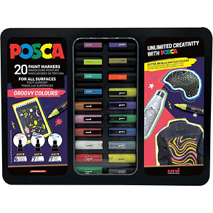 Posca Groovy Colours Maleta Metalica con 20 Marcadores de Pintura - Surtido en Color y Trazo - Punta de Poliester - Tinta Pigmentada Base Agua - Resis