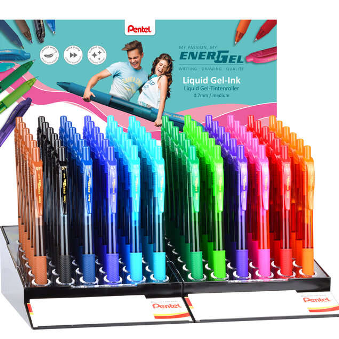 Pentel EnerGel X Expositor de 72 Boligrafos de Bola Retractiles Tinta Gel - Punta 0.7mm - Trazo 0.35mm - Recargable - Grip de Agarre - 50% de Material 1