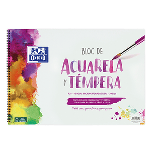 Oxford Pintura Escolar Bloc Espiral Acuarela y Tempera A3+ - Tapa Blanda/Contratapa Rigida - 10 Hojas - 300gr Liso