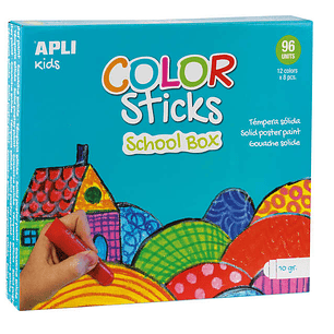 Apli Color Sticks Temperas Solidas - Caja de 96 Unidades de 10g - Colores Surtidos Ideales para Escuelas y Colectivos - Acabado Satinado y Secado Rapi