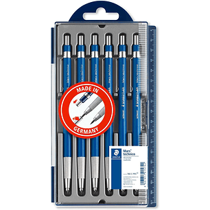 Staedtler Mars Technico 780 Pack de 6 Portaminas Tecnicos - Mina de 2mm - Zona de Agarre Hecha en Metal - Sacapuntas Integrado en el Mango