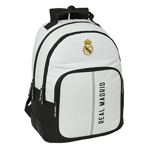 Safta Real Madrid 1ª Equipacion 24/25 Mochila - Adaptable a Carro - 2 Compartimentos - Asa de Mano - 32x42x15cm - Color Blanco/Negro