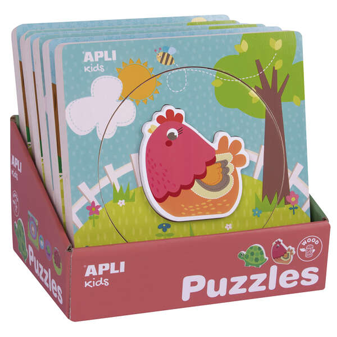 Apli Expositor de Puzles de Madera Encajables - 198x198x18 mm - 6 Puzles con Ciclo de Vida y Animal - Guia Impresa - Alto Valor Didactico - Color Natu 1