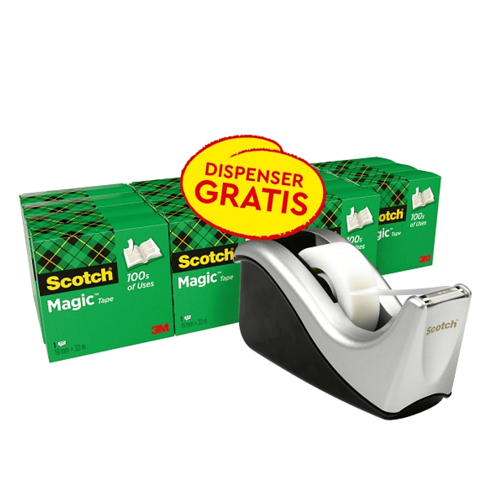 Scotch Magic Pack de 16 Cintas Adhesivas Invisibles 19mm x 33m + Dispensador Gratis - Color del Dispensador Negro/Gris 1