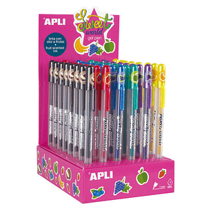 Apli Sweet World Gel Pen Expositor - 48 Boligrafos de Tinta Gel con Aroma a Frutas - 8 Colores Surtidos - 1mm de Grosor de Escritura - Resistentes y d