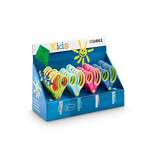 Dahle 54683 Kids Expositor de 24 Tijeras Infantiles 13cm - Puntas Redondeadas - Acero Inoxidable - Mangos Ergonomicos Recubiertos de Goma - Colores Su