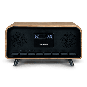 Thomson RT850BT Altavoz Retro Bluetooh - Radio Reloj Despertador - Potencia musical 30W - Color Madera/Negro