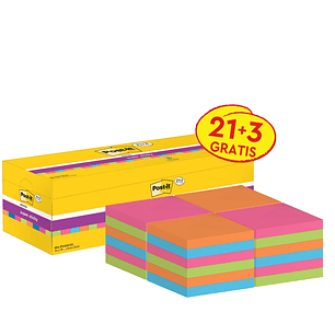 Post-It Super Sticky Pack de 24 Blocs de 90 Notas Adhesivas Reposicionables - 76x76mm - Promocion 21 Blocs + 3 Gratis - Colores Surtidos