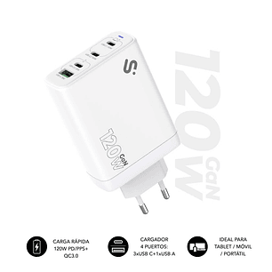 Subblim Cargador de Pared GaN 120W - 4 Puertos (3xUSB-C + 1xUSB-A) -  Carga ultra rápida - Color Blanco