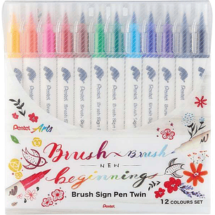 Pentel Brush Sing Pen Twin Pack de 12 Rotuladores con Doble Punta de Pincel Flexible - Punta Ancha 1-4mm, Punta Fina 0,2-2mm - Colores Surtidos