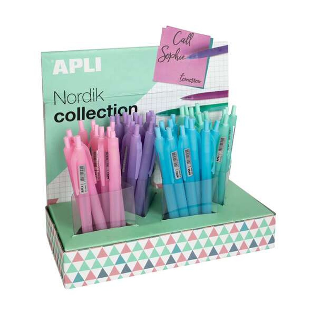 Apli Nordik Expositor con 48 Boligrafos de Gel - Punta 0.5mm - Tinta Azul - Acabado Silicona - Colores de Cuerpos Surtidos 1