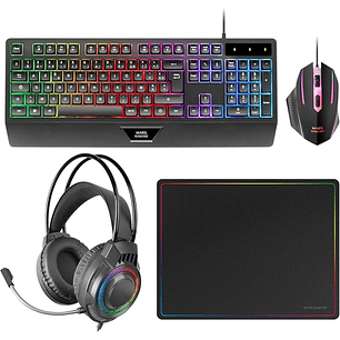 Mars Gaming MCP124PRO Combo Pack Gaming 4en1 - Teclado Hibrido H-Mech - Disposicion Francesa AZERTY FR - Raton 3200dpi - Alfombrilla Nanotextil - Colo