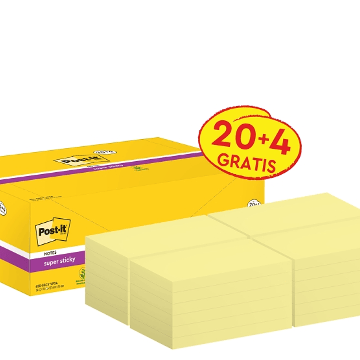 Post-It Super Sticky Pack de 24 Blocs de 90 Pack de 24 Blocs de 90 Notas Adhesivas Reposicionables - 76x127mm - Color Amarillo Claro 1