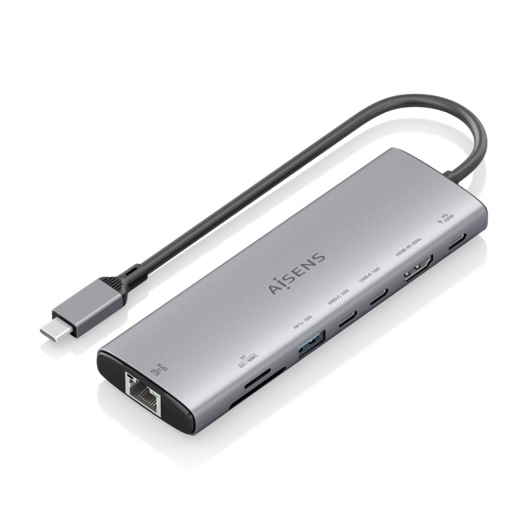 Aisens USB-C Dock 8 en 1 - USB-C a 1xHDMI - 1xRJ45 - 1xUSB-A 10G - 2xUSB-C 10G - 1xUSB-C PD 100W - 1xSD - 1xMicroSD - 20cm - Color Gris 1