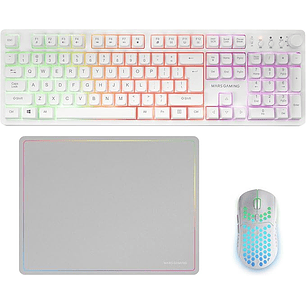 Mars Gaming MCPWX Combo Pack Gaming 3en1 - Teclado Hibrido H-Mech - Disposicion Internacional QWERTY US - Raton 3200dpi - Switches HUANO - Color Blanc