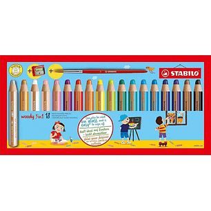 Stabilo Woody 3 en 1 Pack de 18 Lapices de Colores + Sacapuntas + Pincel Nº 8 - Lapiz de Color, Cera y Acuarela, Todo en Uno - Mina XXL 10mm - Colores