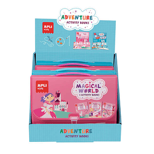 Apli Expositor Activity Books de 6 Unidades - 2 Tematicas: el Mundo Magico y Piratas - 3 Libros con Hojas Plastificadas y Actividades Variadas - Rotul