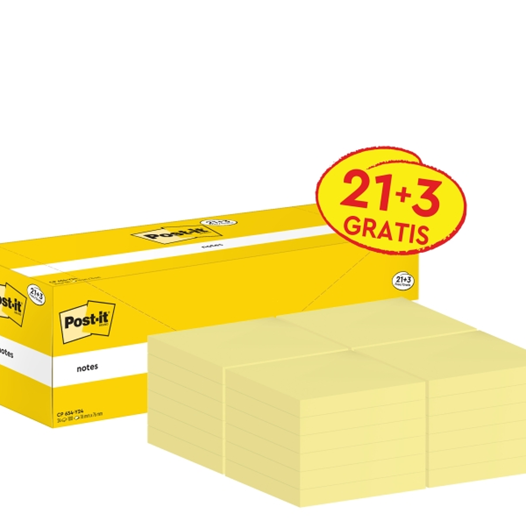 Post-It Pack de 24 Blocs de 100 Notas Adhesivas Reposicionables - Forma Cuadrada - 76x76mm - Color Amarillo Claro 1