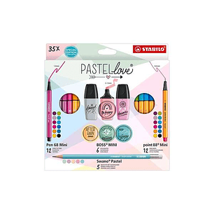 Stabilo Pastellove Pack de 35 Marcadores y Rotuladores - 12 Rotuladores Premium Pen 68 Mini, 12 Rotuladores Point 88 Mini, 6 Rotuladores Fluorescentes