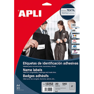Apli Etiquetas Textiles de Identificacion Adhesivas con Cantos Romos - Tamaño 63.5 x 29.6mm - Adhesivo Removible - Pack de 20 Hojas con 540 Etiquetas 