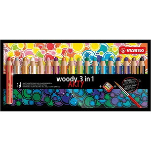 Stabilo Woody 3 en 1 Arty Pack de 18 Lapices de Colores + Sacapuntas + Pincel - Lapiz de Color, Cera y Acuarela, Todo en Uno - Mina XXL 10mm - Colores