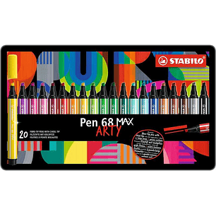 Stabilo Pen 68 MAX Arty Caja Metalica de 20 Rotuladores - Punta de Fibra Biselada - Trazo entre 1-5mm aprox. - Tinta a Base de Agua - Colores Surtidos