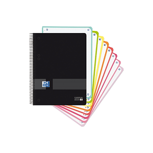 Oxford Europeanbook 8 Live & Go Cuaderno Espiral A5+ 160 Hojas Cuadricula 5x5 - 8 Bandas de Color - Tapa de Plastico Resistente - Color Negro