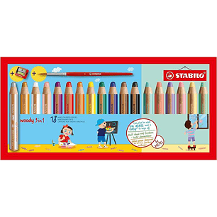 Stabilo Woody 3 en 1 Pack de 18 Lapices de Colores Incluidos Pastel + Sacapuntas + Pincel Nº 8 - Lapiz de Color, Cera y Acuarela, Todo en Uno - Mina X