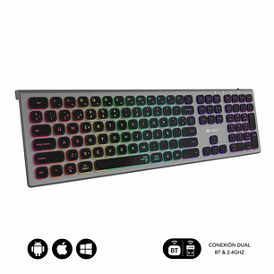 Subblim Teclado Inalambrico Master - Bluetooth y 2.4G - Iluminado - Teclas Ergonomicas de Bajo Perfil - Color Gris Negro