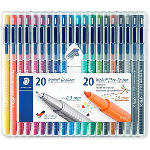 Staedtler Triplus Pack de 20 Rotuladores de Punta Fina 0.3mm + 20 Rotuladores de Punta Fibra 1mm - Capuchon con Clip - Colores Surtidos