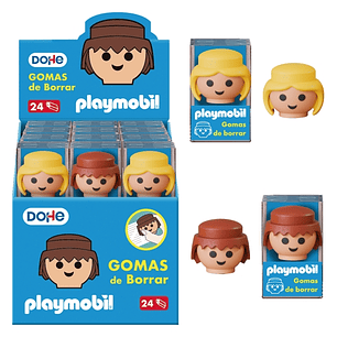 Dohe Playmobil Expositor de 24 Gomas de Borrar - Fabricadas en PVC - Con Forma de los Muñecos Playmobil