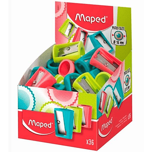 Maped Vivo Maxi Sacapuntas de Plastico con 1 Orificio de 16mm - Cuchilla de Acero Afilada y Resistente - Colores Surtidos