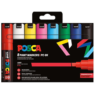 Posca PC-8K/8C Estuche de 8 Marcadores de Pintura - Punta Biselada Acrilica 8mm - Tinta Base al Agua - Resistente a la Luz - Color Surtido