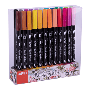 Apli Brush Marker Pack de 24 Rotuladores Acuarelables de Doble Punta - Punta Pincel de 1-4mm y Punta Redonda de 1mm - Tinta Base de Agua Inodora y No 
