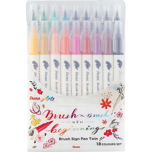 Pentel Brush Sing Pen Twin Pack de 18 Rotuladores con Doble Punta de Pincel Flexible - Punta Ancha 1-4mm, Punta Fina 0,2-2mm - Colores Surtidos