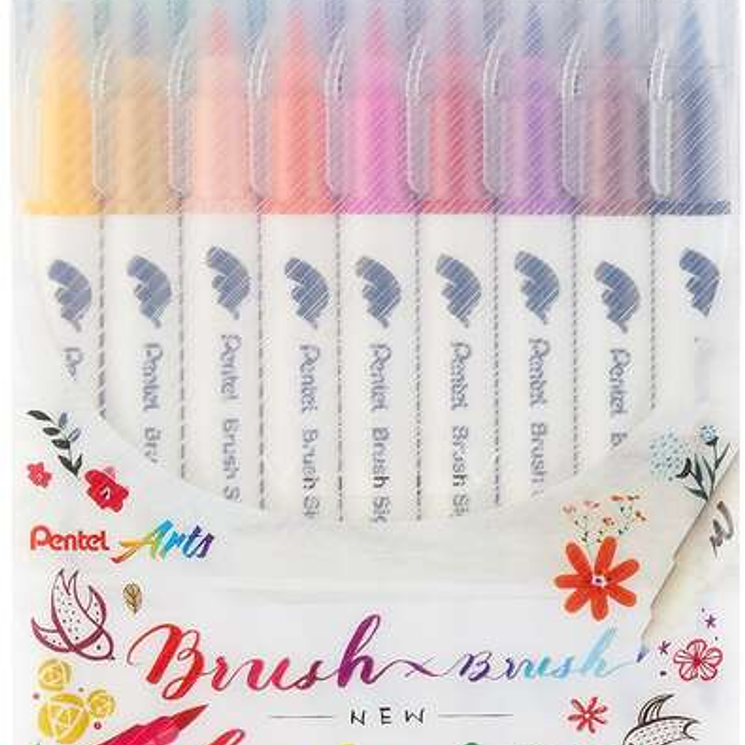 Pentel Brush Sing Pen Twin Pack de 18 Rotuladores con Doble Punta de Pincel Flexible - Punta Ancha 1-4mm, Punta Fina 0,2-2mm - Colores Surtidos 1