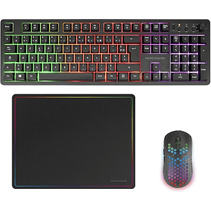 Mars Gaming MCPWX Combo Pack Gaming 3en1 - Teclado Hibrido H-Mech - Disposicion Francesa AZERTY FR - Raton 3200dpi - Switches HUANO - Color Negro