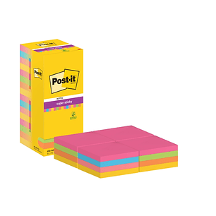 Post-It Super Sticky Pack de 16 Blocs de 90 Notas Adhesivas Reposicionables - 76x76mm - 100% PEFC - Colores Surtidos