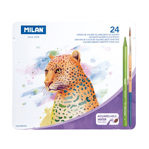 Milan Pack de 24 Lapices de Colores Acuarelables - Caja Metalica - Todo Mina - Incluye Pincel - Colores Surtidos
