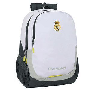 Safta Real Madrid Mochila Escolar de 23L - Adaptable a Carro - 2 Compartimentos - Portabotellas - 32x44x16cm - Color Blanco y Negro