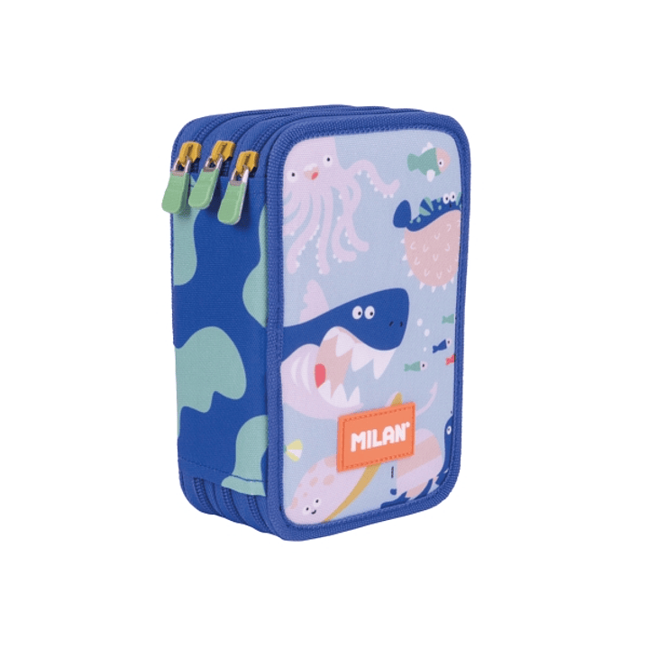 Milan Blue Odyssey Plumier de 3 Pisos con Goma de Borrar - Sacapuntas - Lapiz - 3 Boligrafos - Regla - 12 Lapices de Colores - 6 Lapices de Colores Me 1