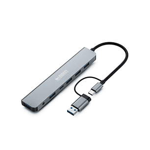 Urban Factory Minee HUB 6 en 1 - USB-A/C Macho - USB-A/C Hembra - Alimentacion Externa con Adaptador de Corriente - Color Gris Metal