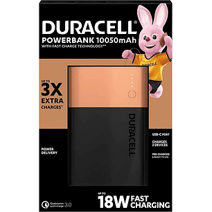Duracell Bateria Externa/Power Bank 10050mAh PD 18W y QC 3.0 - 1x USB-A, 1x USB-C - Indicadores Led - 2 Dispositivos Simultaneamente