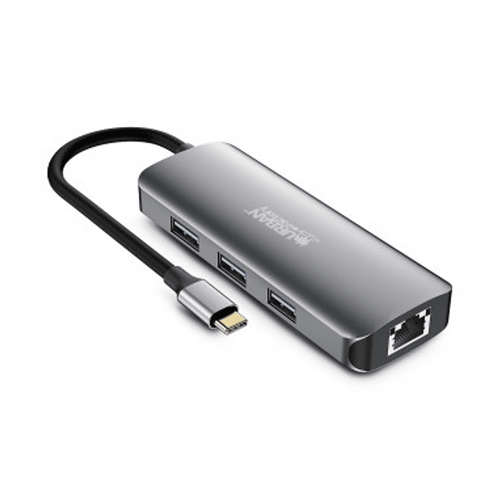 Urban Factory Hubee HUB 8 en 1 - USB-C Macho - USB-A/HDMI/RJ45/USB-C/SD/MSD Hembra - 100W PD - Color Gris Metal 1