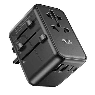 XO Adaptador de Viaje Universal - Conexiones para mas de 150 Paises - Salida de hasta 2500W - Puerto USB-C de 65W - Salida de Cinco Puertos - Color Ne