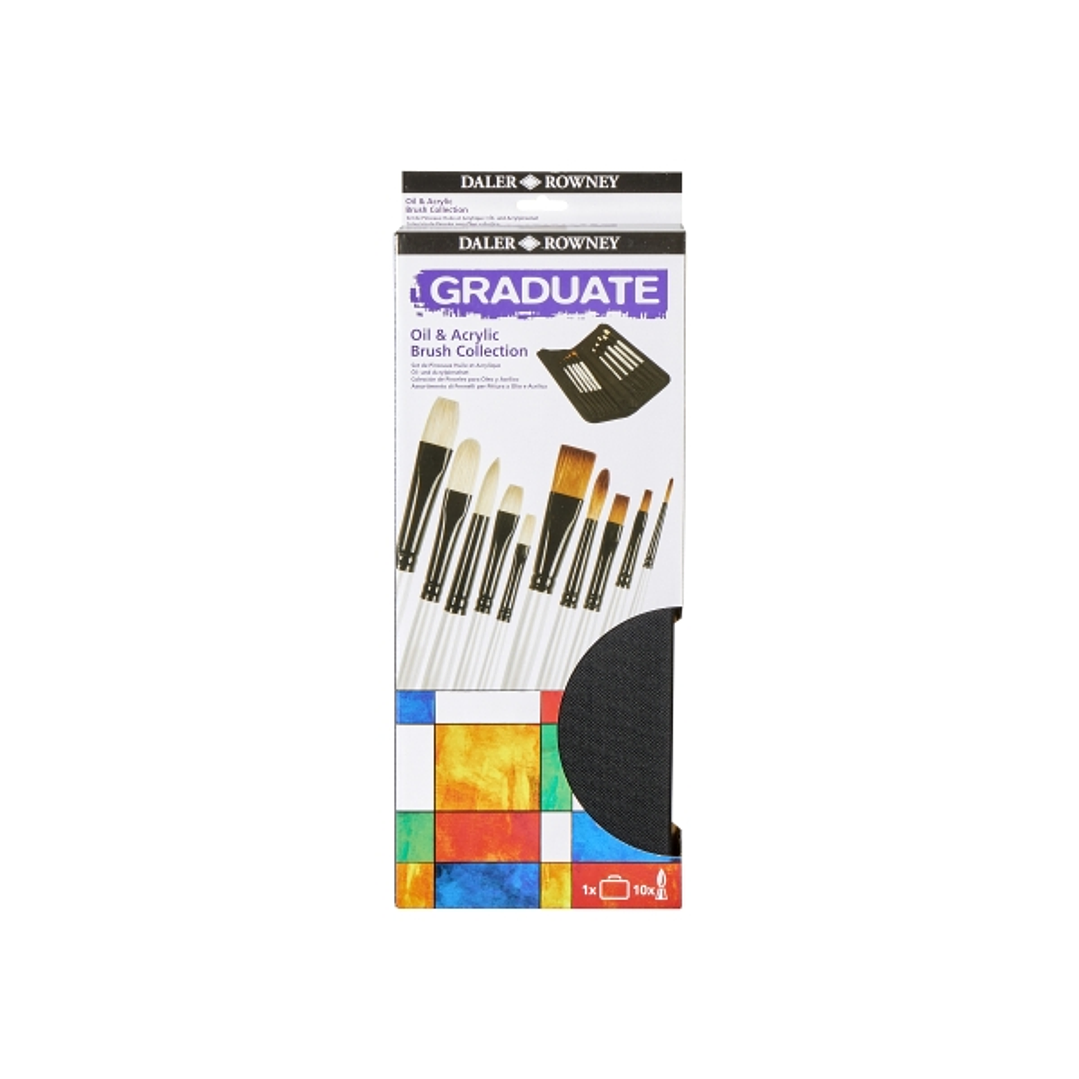 Daler Rowney Graduate Pack de 10 Pinceles Multitecnica - Pelo de Cerda y Pelo Sintetico - Mango Largo - Estuche con Cremallera 1