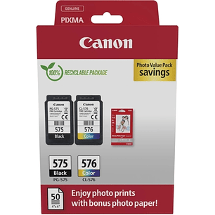Canon PG575/CL576 Pack de 2 Cartuchos de Tinta Originales + 50 Hojas de Papel Fotografico - 5438C004