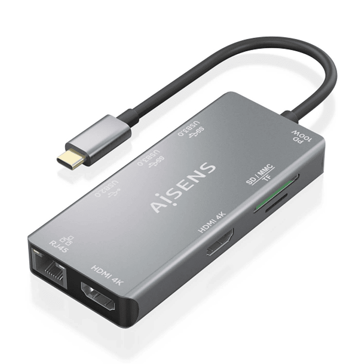 Aisens USB-C Dock 9 en 1 - USB-C a 2xHDMI - 1xRJ45 - 2xUSB-A USB3.0 - 1xUSB-A USB2.0 - 1xUSB-C PD - 1xSD - 1xMicro SD - 15cm - Color Gris 1